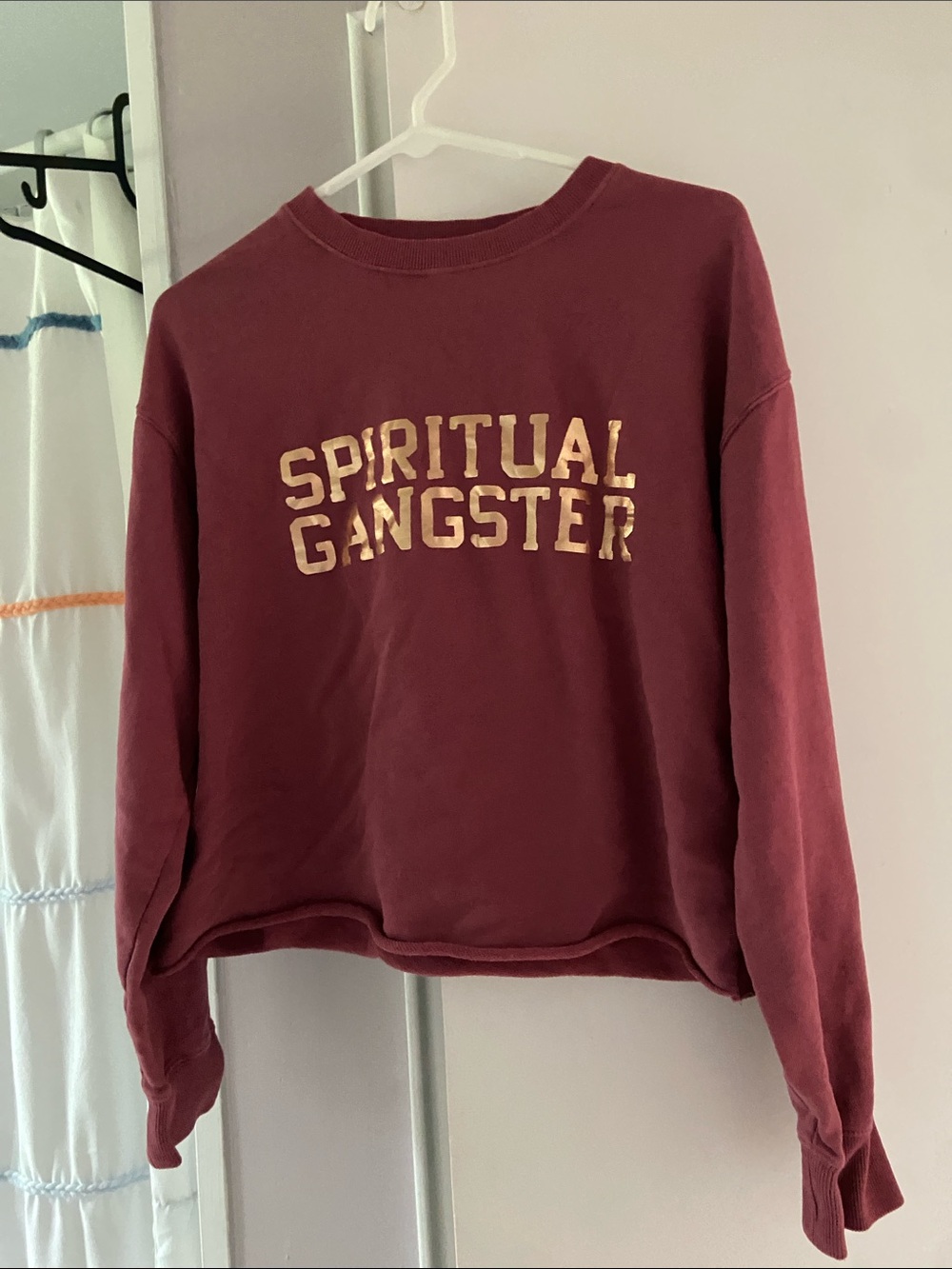 Spiritual Gangster Burgundy Crewneck Sweatshirt with Gold Logo